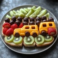 Fun fruit and veggie toast arranged like a road trip Royalty Free Stock Photo