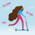 Fun girl riding scooter, stylized artistic illustration