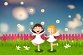 Fun girls in flowers garden with pink fence and sky background, AI generative Royalty Free Stock Photo