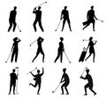 Fun golfing players sport time golfers outfits flat collection on isolated vector Silhouettes Royalty Free Stock Photo