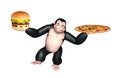 Fun Gorilla cartoon character with burger and pizza