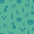 Fun Halloween Icons Vector Seamless Background Pattern. Cats, Pumpkins and Bats and Zombie Hands with Bone and Candle Royalty Free Stock Photo