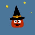 Fun Halloween pumpkin in the witch hat under the stars. Helloween card in flat style.