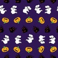 Fun Halloween seamless pattern background with spooky ghosts,pumpkins and manors and witches on broomsticks