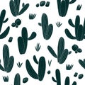 Fun hand drawn cactus seamless pattern. Botanical background. Linocut style. African plants vector illustration