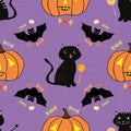 Fun hand drawn Halloween design with cats, bats, pumpkins and candy treats. Seamless vector pattern on purple background Royalty Free Stock Photo