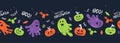 Fun hand drawn Halloween horizontal seamless pattern, cute ghosts, pumpkins, bats and decoration, great for textiles, wrapping, Royalty Free Stock Photo