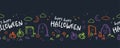 Fun hand drawn halloween horizontal seamless pattern with ghosts, pumpkins, bats and candy. Great for halloween concepts, textiles Royalty Free Stock Photo