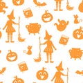 Fun hand drawn Halloween seamless pattern with cats, hats, bats and decoration - great for textiles, banners, wallpapers, wrapping Royalty Free Stock Photo