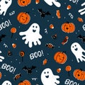 Fun hand drawn Halloween seamless pattern, cute ghosts, pumpkins, bats and decoration, great for textiles, wrapping, banners, Royalty Free Stock Photo