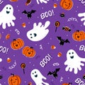 Fun hand drawn Halloween seamless pattern, cute ghosts, pumpkins, bats and decoration, great for textiles, wrapping, banners, Royalty Free Stock Photo