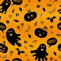 Fun hand drawn Halloween seamless pattern, cute ghosts, pumpkins, bats and decoration, great for textiles, wrapping, banners, Royalty Free Stock Photo