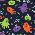 Fun hand drawn Halloween seamless pattern, cute ghosts, pumpkins, bats and decoration, great for textiles, wrapping, banners, Royalty Free Stock Photo