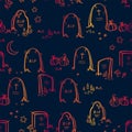 Fun hand drawn halloween seamless pattern with ghosts, graveyard, pumpkins - great for textiles, banners, wallpapers, wrapping -