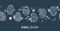 Fun hand drawn horizontal seamless Easter design with ornate eggs, doodle background, great for banners, wallpapers, cards, Royalty Free Stock Photo