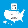 Fun hand drawn moustache cartoon America map