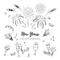 Fun hand drawn New Years Party doodles - firework, paper streamers, cocktails and rockets , great for banners, wallpapers,