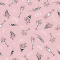 Fun hand drawn New Years Party seamless pattern - firework, paper streamers, cocktails and rockets doodles, great for banners,