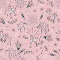 Fun hand drawn New Years Party seamless pattern - firework, paper streamers, cocktails and rockets doodles, great for banners,