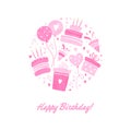 Fun hand drawn party design with cakes, gift boxes, balloons and party decoration. Great for birthday parties, textiles, banners, Royalty Free Stock Photo