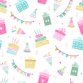 Fun hand drawn party seamless background with cakes, gift boxes, balloons and party decoration. Great for birthday parties, Royalty Free Stock Photo