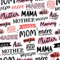 Fun handwritten seamless pattern with the word mother in various languages, great for textiles, wrapping, banners, wallpapers -