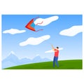 Fun hobby activity, happy leisure with sky kite at wind, vector illustration. Cute boy girl child play with flying toy Royalty Free Stock Photo