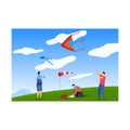 Fun hobby activity, happy leisure with sky kite at wind, vector illustration. Cute boy girl child play with flying toy Royalty Free Stock Photo