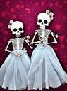 Fun illustration with bridesmaid skeletons on a red background with hearts. Skeleton wedding.