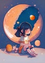 A cartoon showing a small girl sitting in deep thought, with a large orange planet background, generated by AI. Royalty Free Stock Photo