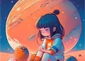 A cartoon showing a small girl sitting in deep thought, with a large orange planet background, generated by AI. Royalty Free Stock Photo