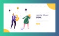 Fun Jazz Concert Show Concept Landing Page. Blond Hair Female Singer and Musician Character with Saxophone. Colorful Jazz Band