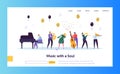 Fun Jazz Concert Show Concept Landing Page. Musician Character with Musical Instrument Saxophone Piano Violin Trumpet