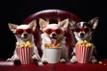 Fun and joy in the home: three Chihuahuas dogs get ready for an afternoon at the movies,Generative AI