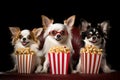 Fun and joy in the home: three Chihuahuas dogs get ready for an afternoon at the movies,Generative AI