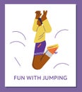 Fun with jumping and trampolining fitness banner, flat vector illustration.