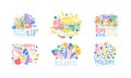 Fun Kids Happy Holidays Logo Design Set, Child Holidaym Fun and Games Colorful Labels Vector Illustration Royalty Free Stock Photo