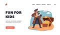 Fun for Kids Landing Page Template. Child Pirate Wear Corsair Suit, Eye Patch and Saber on Secret Island, Funny Rover