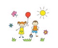Fun kids play outdoors. Cute doodle boy with ball and girl with balloon