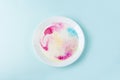 Fun kids science experiments. Step by step instruction: how to make colorful stains in milk. Step2 pour milk into a plate and add