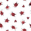 Fun ladybug vector seamless pattern background. Funky red white black backdrop with fun scattered cartoon kawaii