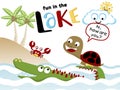 Fun in the lake with funny animals cartoon vector