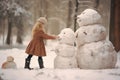 Fun-loving Girl play big snowman. Generate Ai