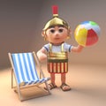 Fun loving Roman legionnaire soldier in armour relaxing playing with a beach ball next to a deck chair, 3d illustration