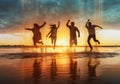 fun man vacation sunset happiness group jump friend youth lifestyle ocean. Generative AI. Royalty Free Stock Photo