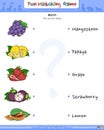 Fun Matching Fruits name of grape, strawberry, lemon, mangosteen and papaya