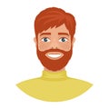 Portrait of a happy smiling redhead bearded man with blue eyes, wearing yellow poloneck sweater.