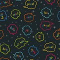 Fun multilingual colorful seamless pattern - greeting in various languages, conversation, communication background, great for neon Royalty Free Stock Photo