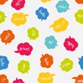 Fun multilingual colorful seamless pattern - greeting in various languages, conversation, communication background, great for neon Royalty Free Stock Photo