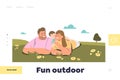 Fun outdoor concept of landing page with happy family couple lying on grass with little son